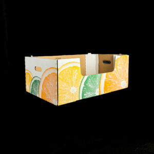 A stock print corrugated box for holding 40 pounds of citrus.