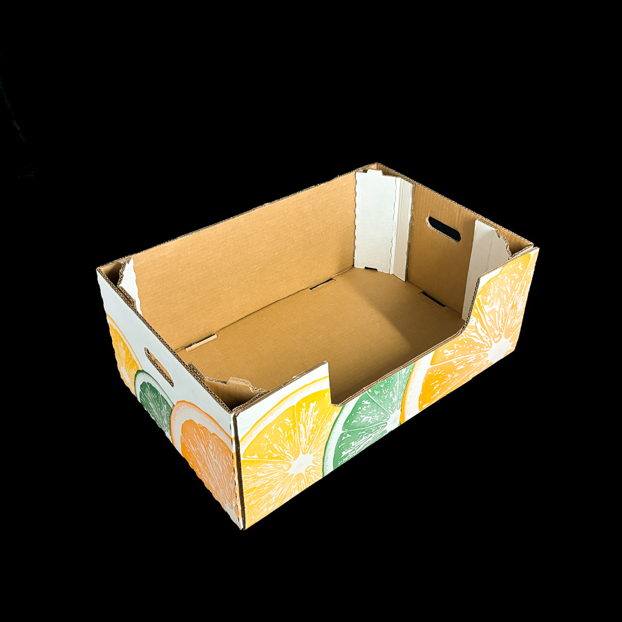 A stock print corrugated box for holding 40 pounds of citrus.