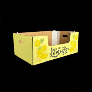 A stock print corrugated box for holding 40 pounds of lemons.