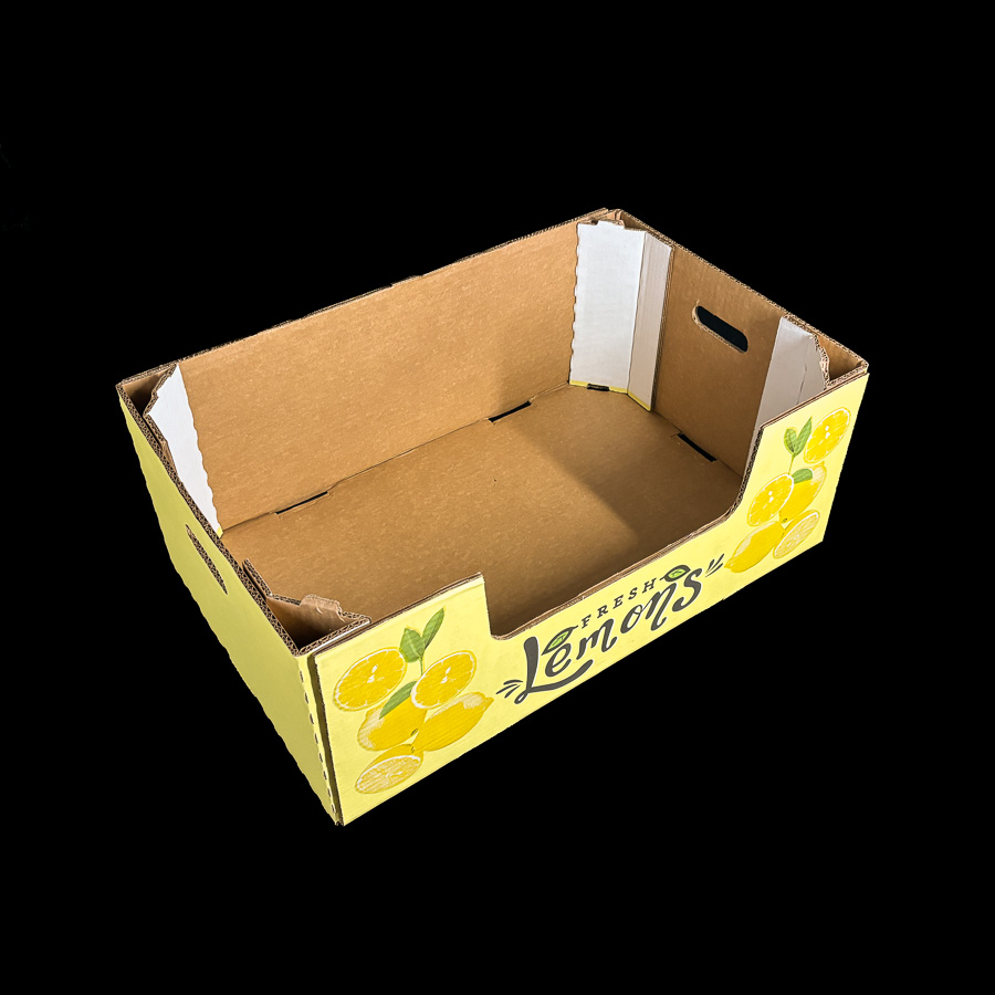 A stock print corrugated box for holding 40 pounds of lemons.