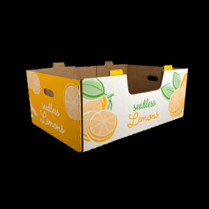 A stock print corrugated box for holding 40 pounds of citrus fruit.
