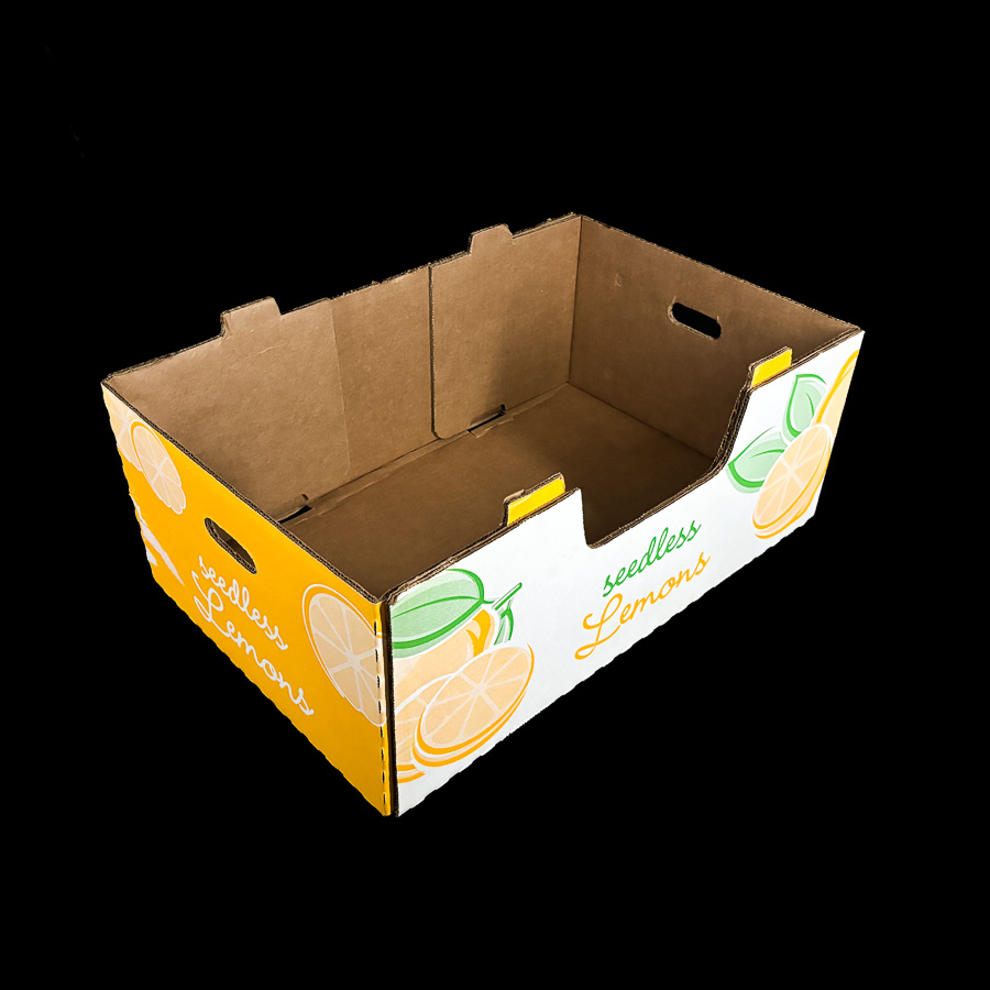 A stock print corrugated box for holding 40 pounds of citrus fruit.