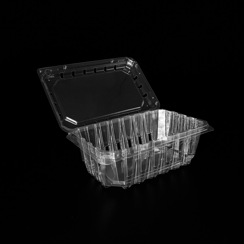 An open 16 ounce, clear clamshell for blueberries.