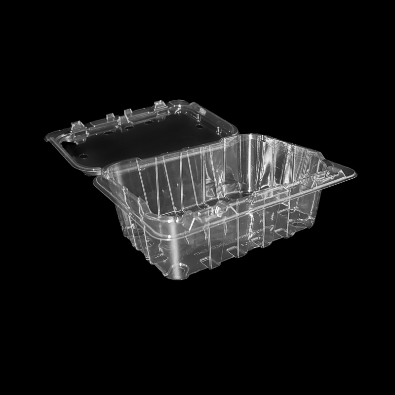 An open clear, hinged 1 pound clamshell for cherries.