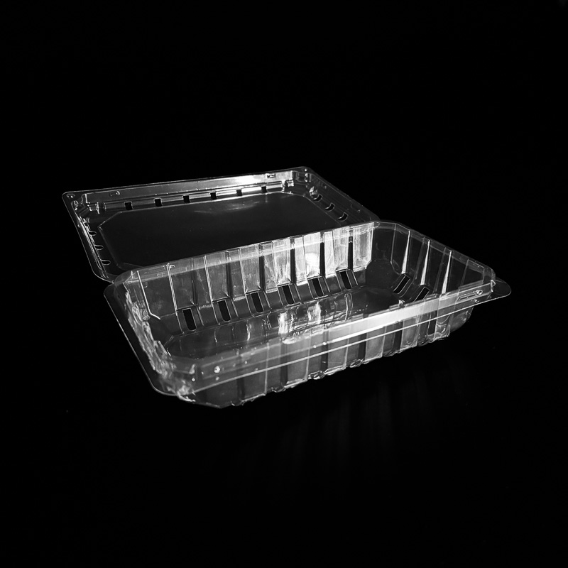 An open clear 9.8 ounce clamshell for blueberries.