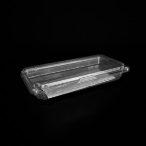 A 12 ounce clear clamshell for raspberries.