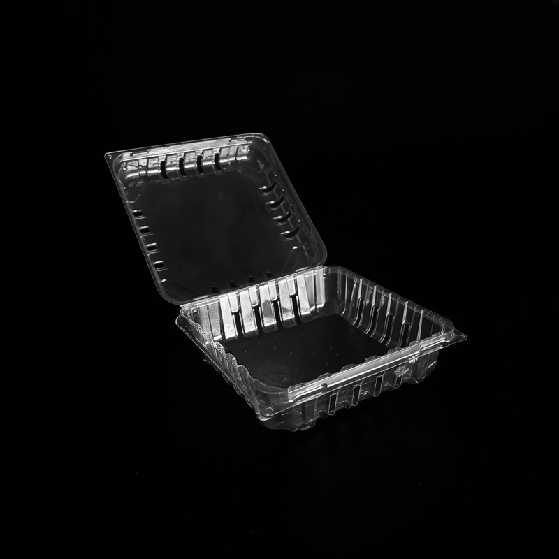 An open clear 6 ounce clamshell with a black pad for blackberries.