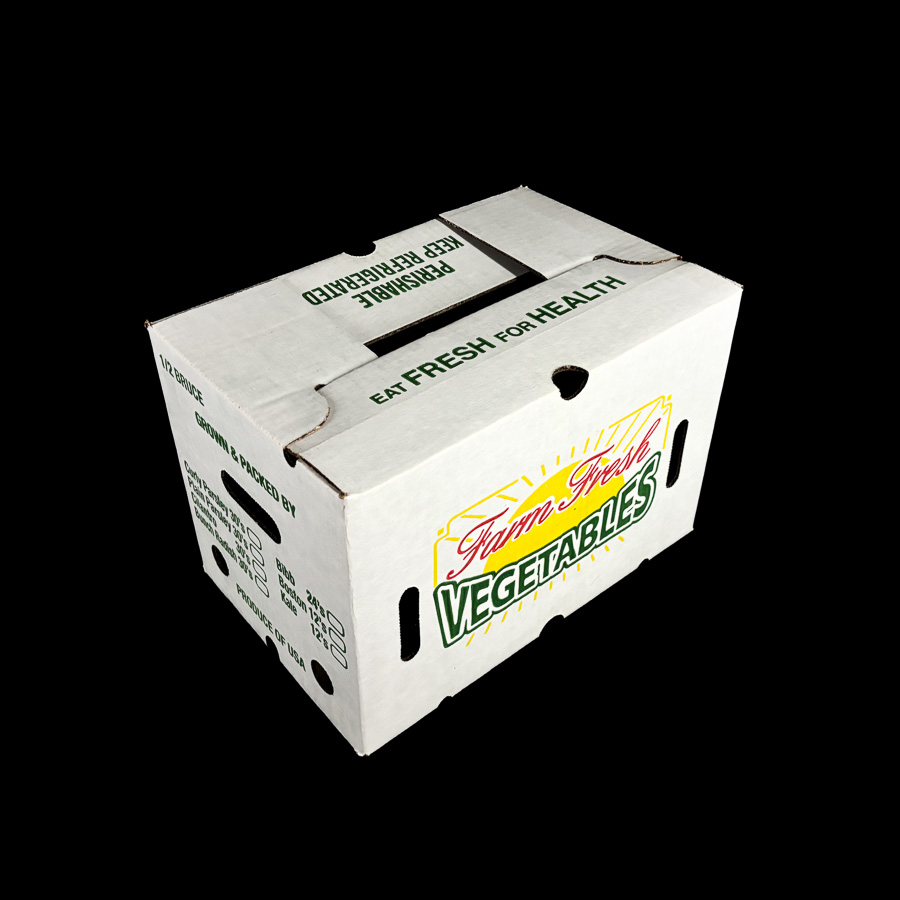 A corrugated box for holding 1/2 bushel of vegetables.