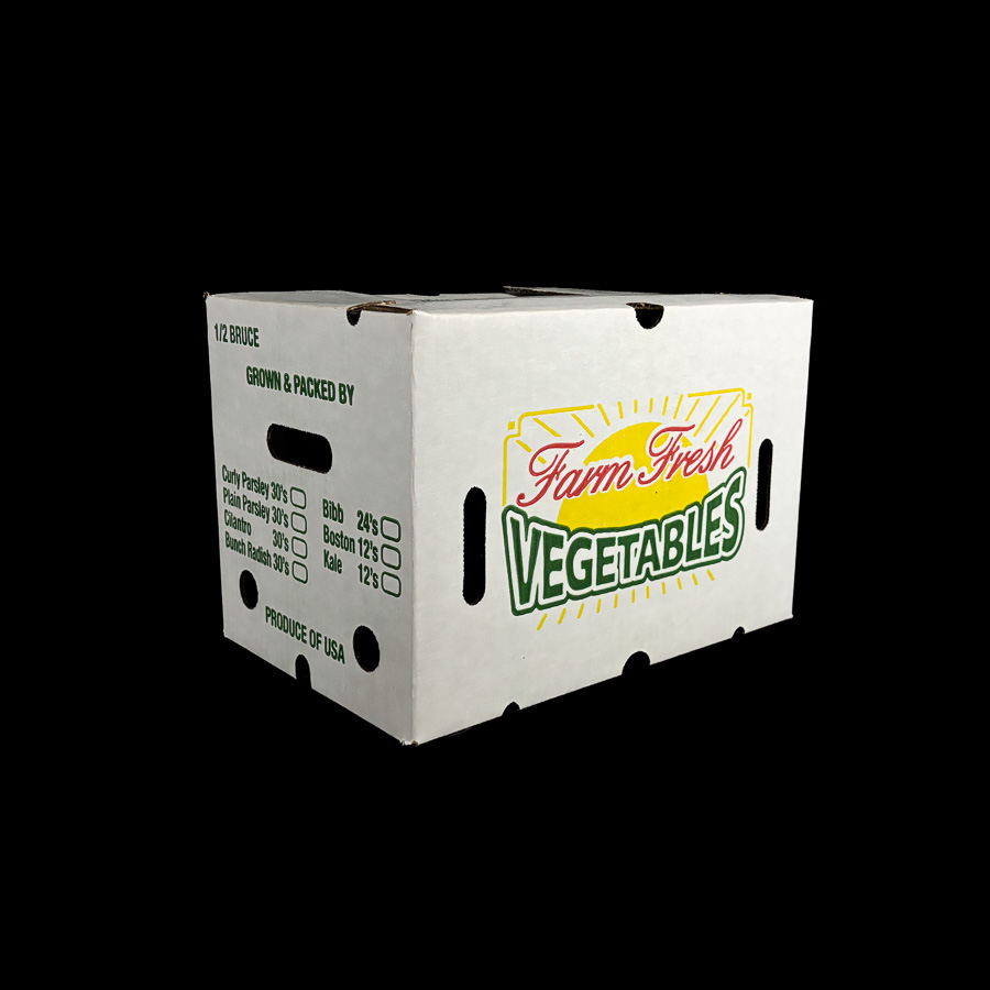 A corrugated box for holding 1/2 bushel of vegetables.