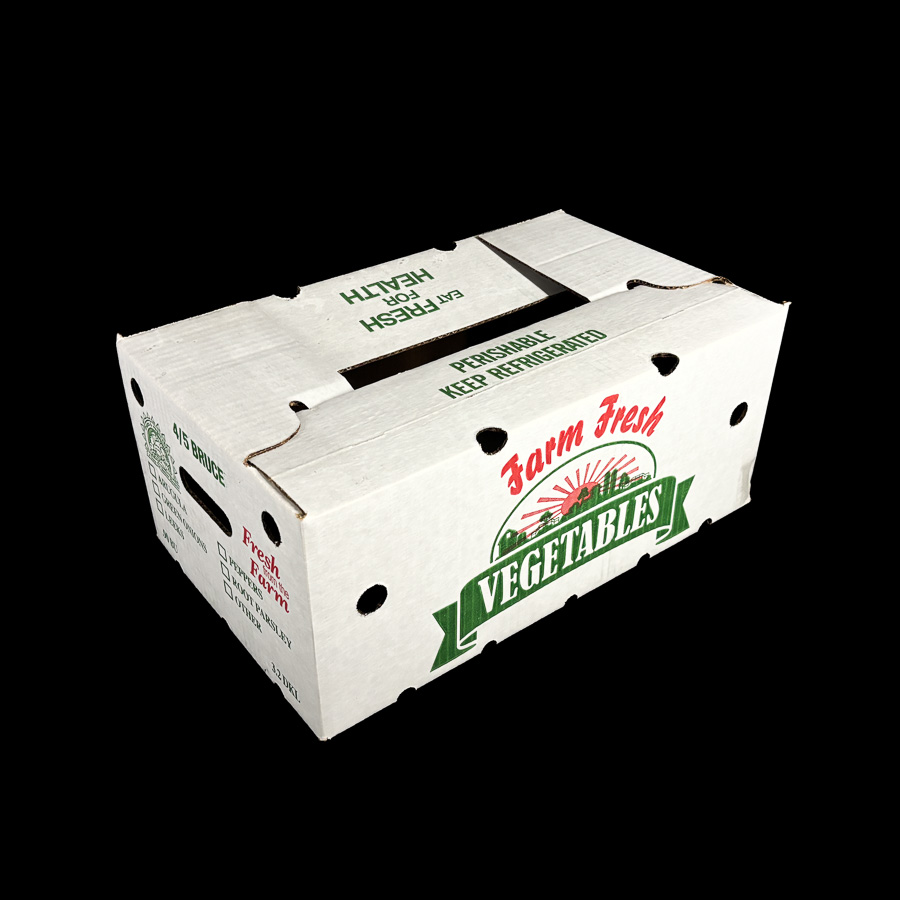 A corrugated box for holding medium weight vegetables.