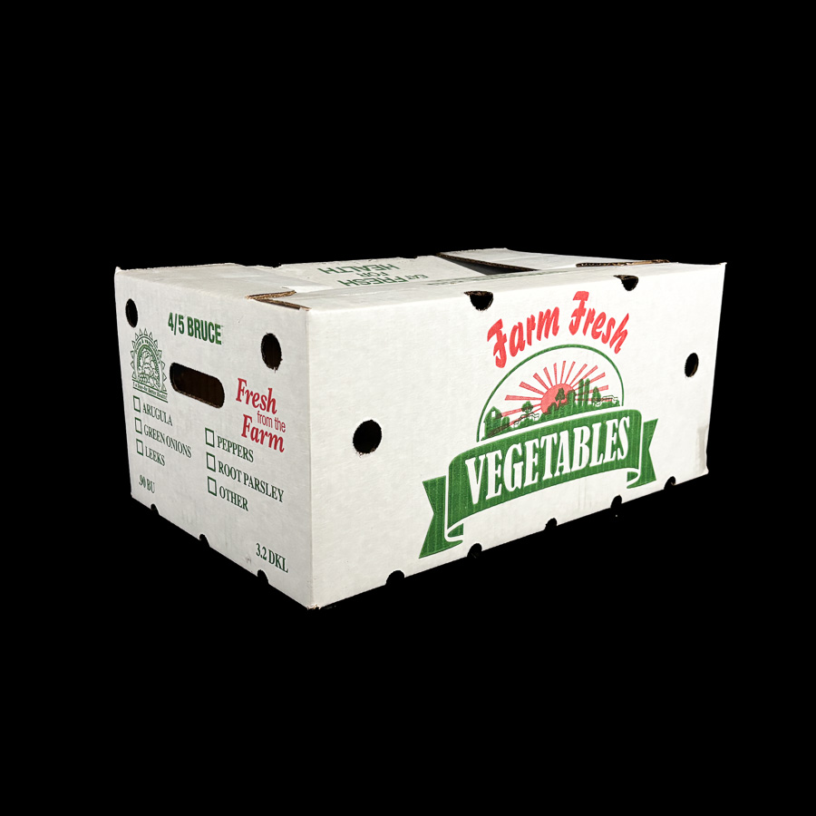 A corrugated box for holding medium weight vegetables.