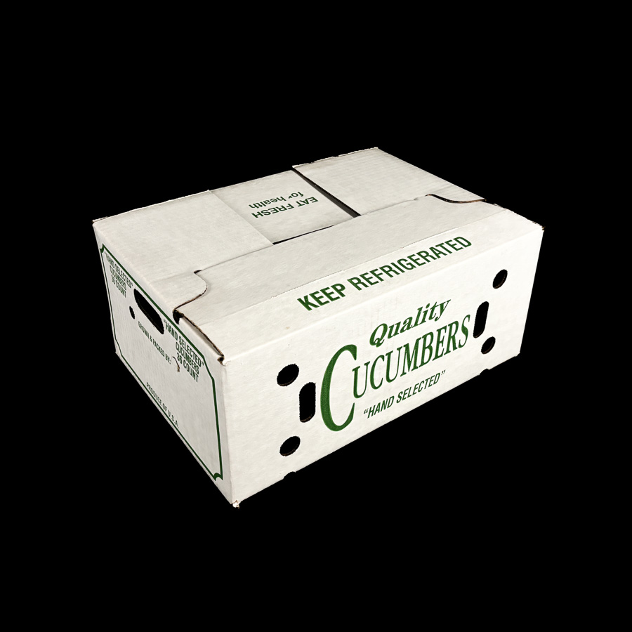 A waxed carton for holding 36 count of fresh cucumbers.