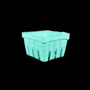 A mint green pulp container for holding fresh berries.
